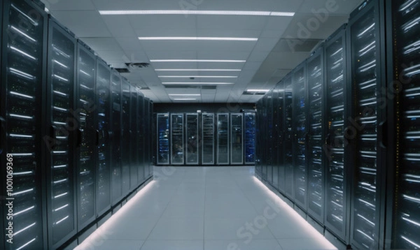 Fototapeta A view down a long hallway of a server room, showing rows of large black servers