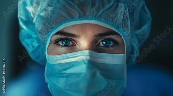 Fototapeta A surgeon face close-up, with eyes focused on the procedure, wearing magnifying surgical loupes.