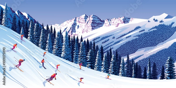 Obraz Winter landscape panorama with skiers on skiing slope, forest and mountains in the background. Handmade drawing vector illustration. Can be used as poster, banner etc.