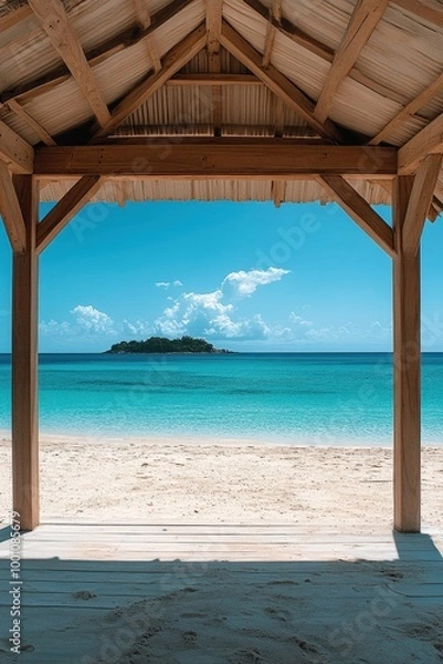 Fototapeta Tropical beach paradise with wooden gazebo