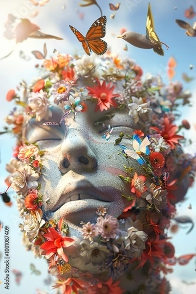 Fototapeta A surreal 3D design of a human face made entirely of flowers, with butterflies and birds flying around it.
