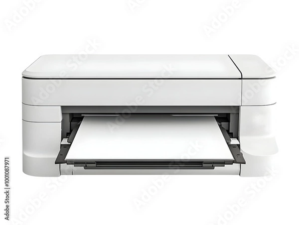 Fototapeta Modern white printer with paper tray open, showcasing sleek design and functionality, ideal for home or office use.