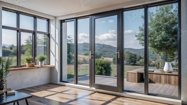 Fototapeta Modern and minimal house window for interior decoration isolated on background, open office glass window frame.