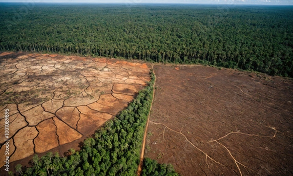 Obraz A stark contrast of a lush forest bordering a recently deforested area in the Amazon rainforest