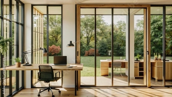 Fototapeta Modern and minimal house window for interior decoration isolated on background, open office glass window frame.