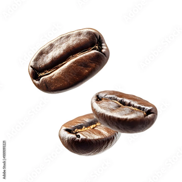 Fototapeta Three roasted coffee beans isolated on a white background, showcasing their rich texture and deep brown color.