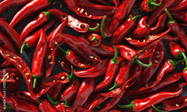 Fototapeta A close-up of red chili peppers scattered on a dark surface