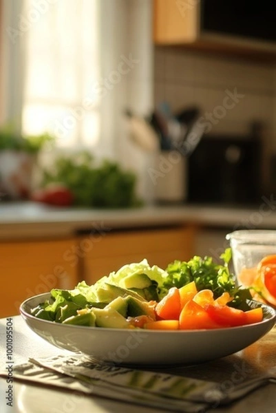 Fototapeta A vibrant salad with fresh vegetables on a kitchen table, illuminated by natural light.