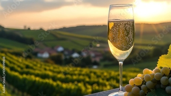 Fototapeta A glass of sparkling wine perched on a ledge with a lush vineyard in the background, basking in the warm glow of a beautiful sunset over a serene countryside landscape.