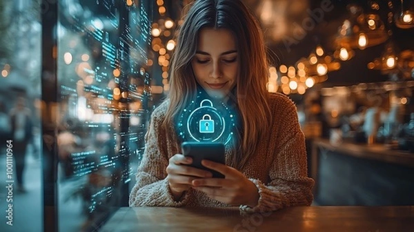 Fototapeta Young woman uses a smartphone with a digital lock icon while sitting in a cafe.
