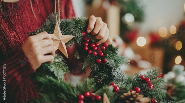 Obraz Woman making Christmas wreath, with wooden star and red berries, rustic advent decoration