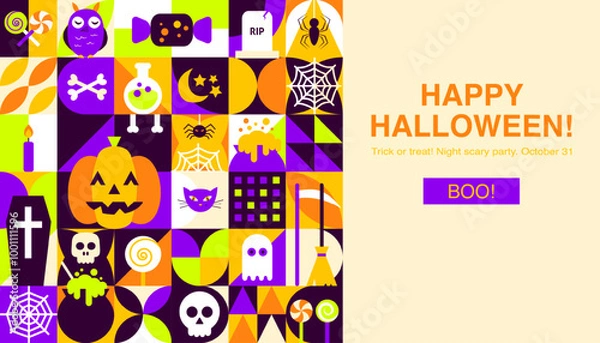 Fototapeta Happy Halloween Geometric Banner. Vector Illustration of Flat Style Background. Trick or Treat. Scary Party Concept. Horror Holiday.