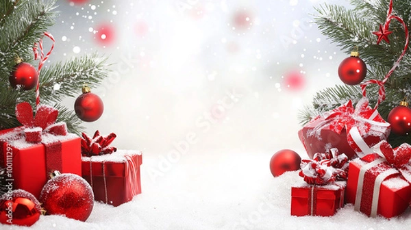 Obraz Christmas white snow background with gifts and Christmas balls,Christmas tree