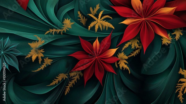 Obraz Bright red maple leaves, wavy pattern on a dark green background.