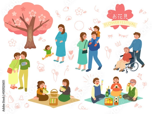 Obraz お花見をする人々のイラストとあしらいセット