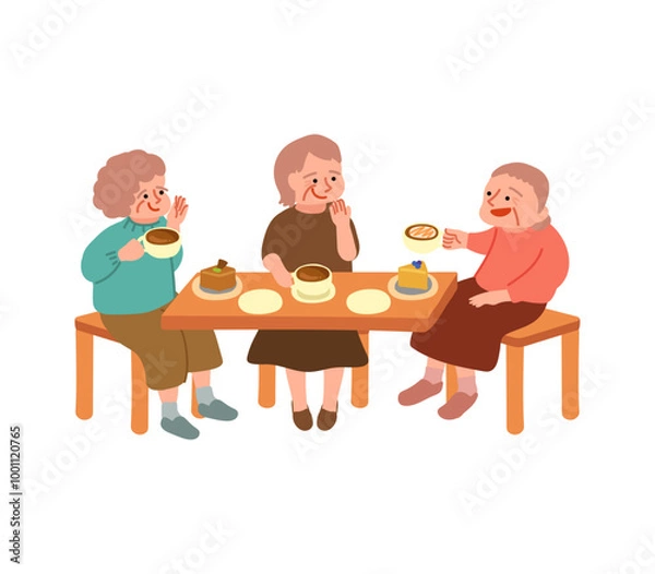 Obraz カフェでお茶をするシニア女性たちのイラスト