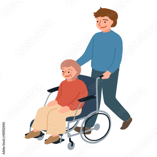 Obraz 車椅子のシニア女性と車椅子を押す男性のイラスト