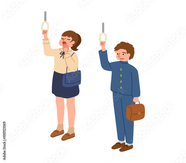 Obraz 電車の吊り革につかまる男女の高校生のイラスト