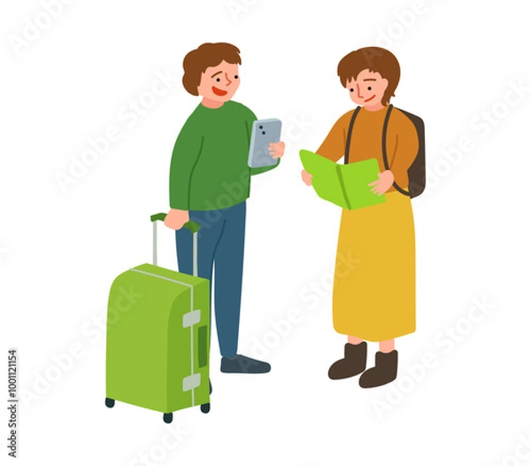 Obraz スマホと地図をみる旅行中のカップルのイラスト