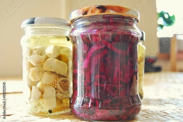 Fototapeta mushrooms and red cabbage salad, 