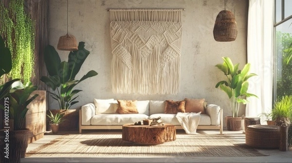 Fototapeta Cozy boho living room with macram wall hangings, natural textures, and lush greenery, evoking a relaxed, inviting ambiance.
