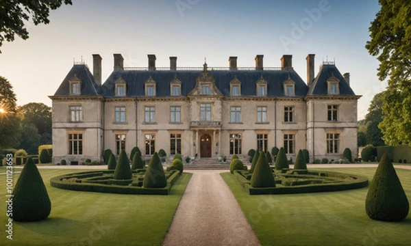 Obraz A grand, stone mansion stands on manicured grounds, surrounded by lush greenery and trimmed hedges