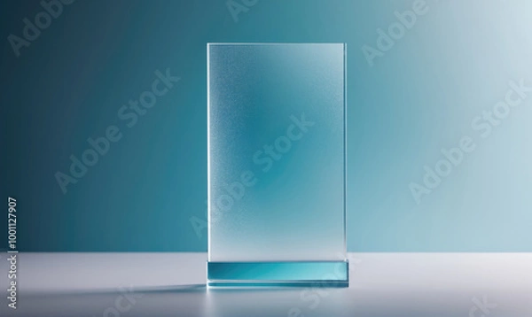 Obraz A clear glass plaque stands on a white surface against a light blue background