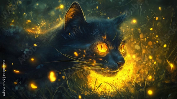 Obraz epic fantasy art, roaring cat with glowing bight orange eyes and yellow druid magic