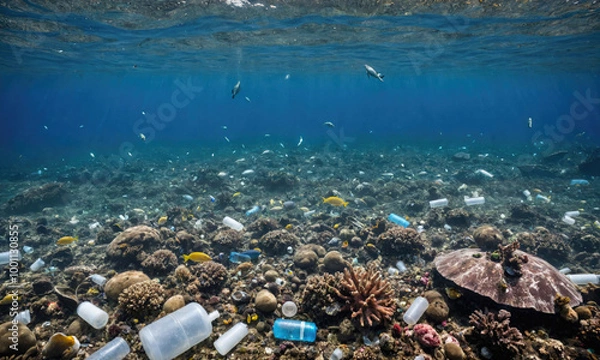 Obraz Plastic waste litters the ocean floor, a stark reminder of the environmental impact of pollution