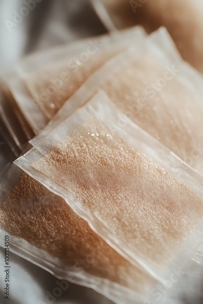 Fototapeta A close-up of translucent packets containing a granular substance.