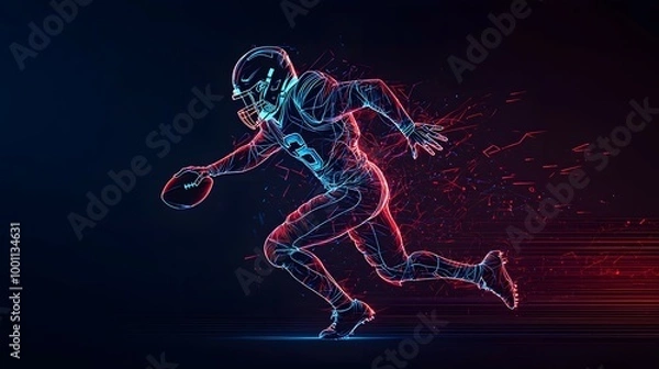Fototapeta A football player sprints forward with intensity, illuminated by neon colors against a dark backdrop. American Football Concept
