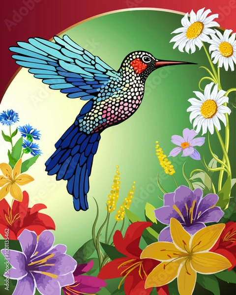 Fototapeta Illustration with a bright bird and flowers.Vector illustration with bright flowers and hummingbirds on a colored background.