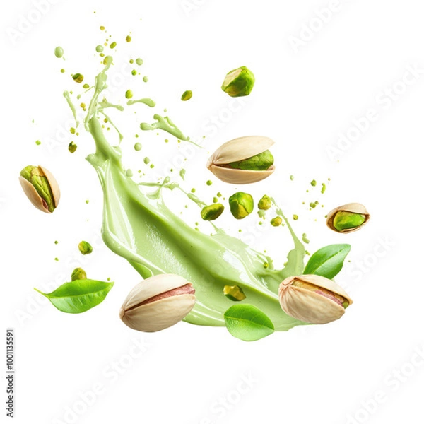 Obraz Splash of pistachio cream with nuts and leaves