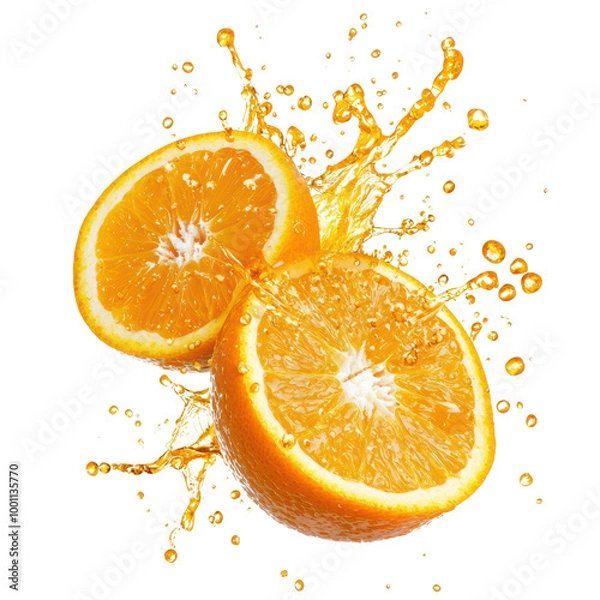 Fototapeta Fresh orange halves bursting with juice and splashes
