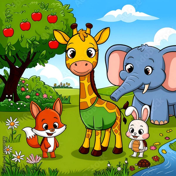 Obraz A cute Giraffe with friends elephant fox , kids animal illustration for coloring book cover template a cute giraffe near a apple tree with beautiful nature background flowers blue sky 