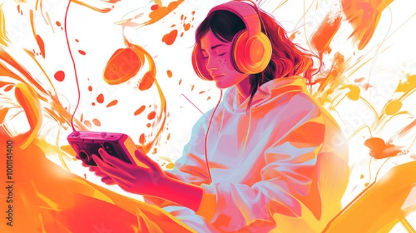 Obraz A minimal , digital illustration, featuring a female gamer in the center of the composition