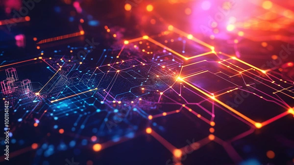 Obraz Geometric hi-tech patterns with interconnected hexagons and glowing elements background