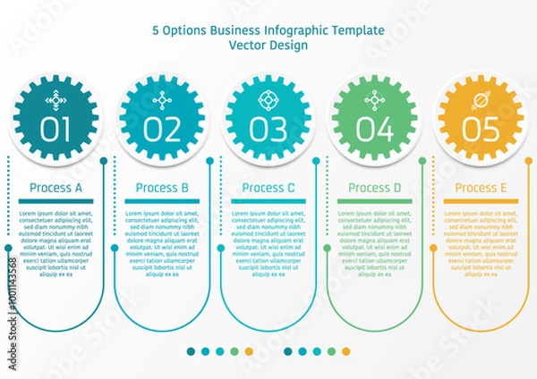 Fototapeta 5 options business infographic template, theme of circle with gear and curve line, also with text frame and symbols
