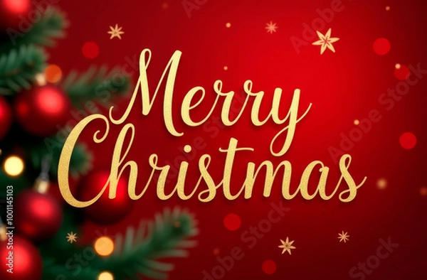 Fototapeta Merry Christmas wish on festive red background. Holiday card