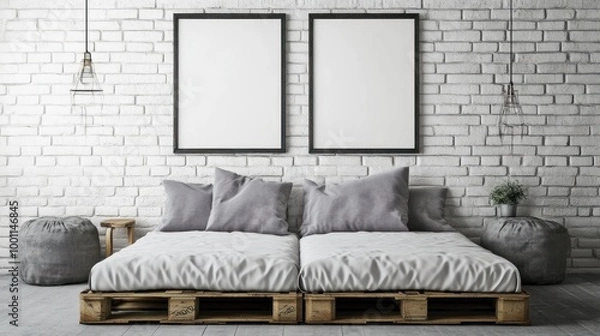 Fototapeta Minimalist Bedroom with Pallet Bed and Blank Frames