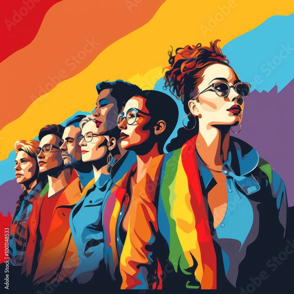 Fototapeta generated illustration of group of young activist for lgbt rights with rainbow flag.