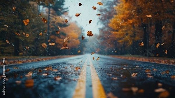Fototapeta Autumn leaves falling on a serene road lined with vibrant trees