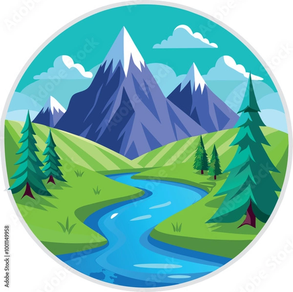 Obraz Nature circle style landscape design with river or mountains vector illustration on white background generated Ai