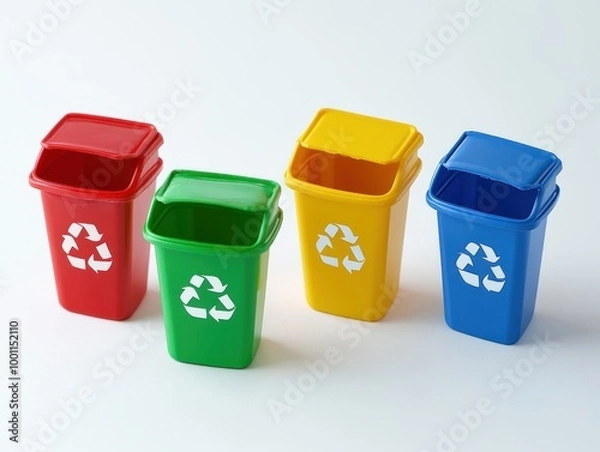 Fototapeta Row of recycling bins in red, green, blue, and yellow, AI generated
