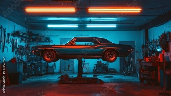 Fototapeta Retro Car in Neon Garage