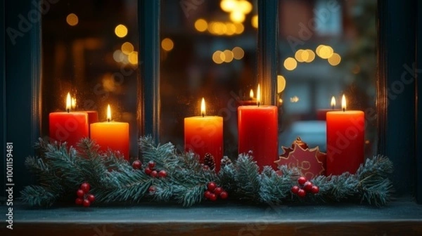 Fototapeta Warm Christmas candles flicker beside greenery in a festive window during winter evenings