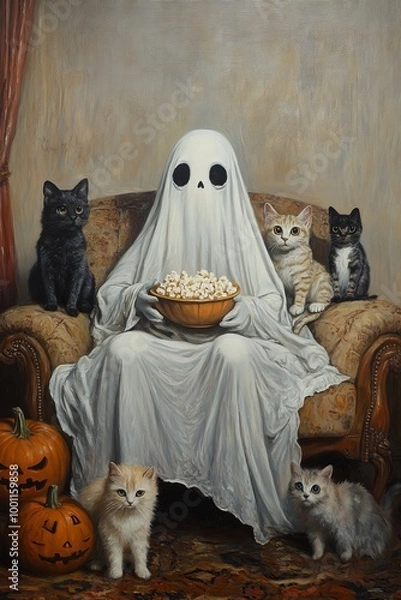 Fototapeta An oil painting of a ghost sitting on a couch with a bowl of popcorn in his hand. There are a bunch of cats with kittens next to him. The background is a living room. Halloween pumpkin.