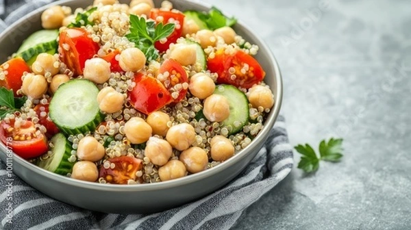 Fototapeta Fresh colorful quinoa salad with chickpeas, tomatoes, and cucumbers in a bowl.
