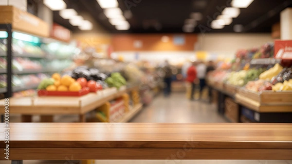 Fototapeta A wooden table top with a blurred supermarket aisle in the background, with various fruits and vegetables on display.