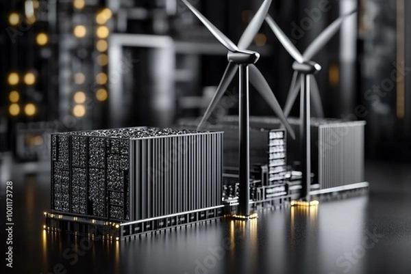Obraz Modern data center and wind turbine on black background, representing renewable energy and technology integration.